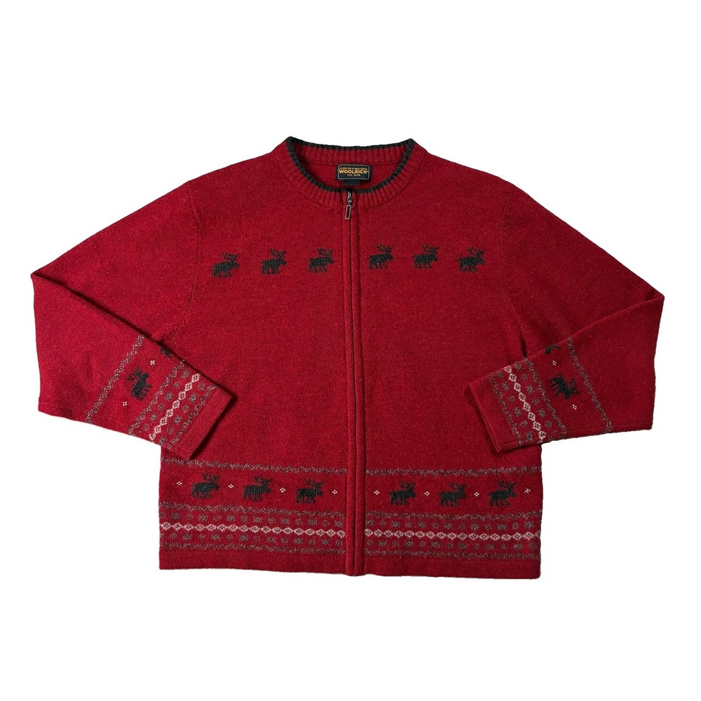 Woolrich 100% Wool Full Zip Novelty Moose Fair Isle Sweater Red Women L Heritage